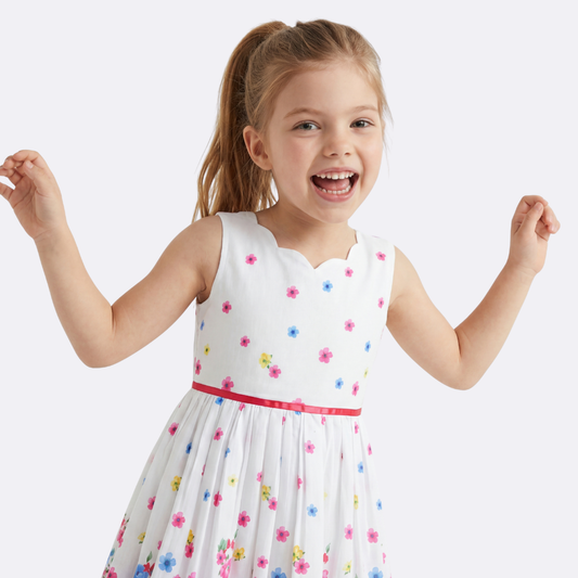 Sunny Fashion Girls White Floral Garden Dress with Pink Waist Detail