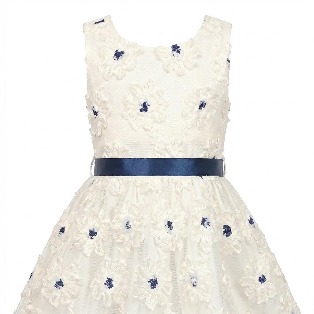 Sunny Fashion Girls White Floral Embroidered Tulle Dress with Navy Belt