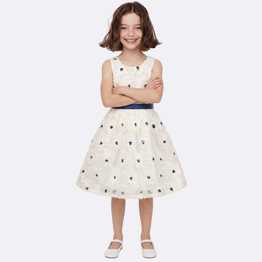 Sunny Fashion Girls White Floral Embroidered Tulle Dress with Navy Belt
