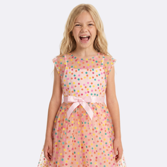Sunny Fashion Girls Rainbow Polka Dot Tulle Dress with Ribbon Waist