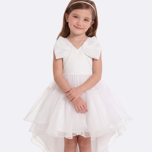 Sunny Fashion Girls White Pearl Ruffle Bow Hi-Lo Party Dress