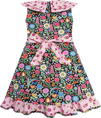 Girls Dress Turn-Down Collar Striped Blooming Rose Flower Size 2-12 Years