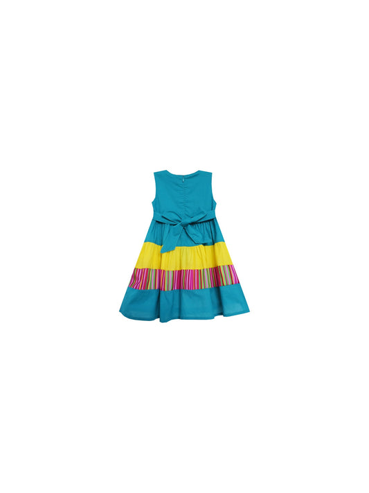Girls Dress Color Block Striped Embroidered Flower Blue Blue