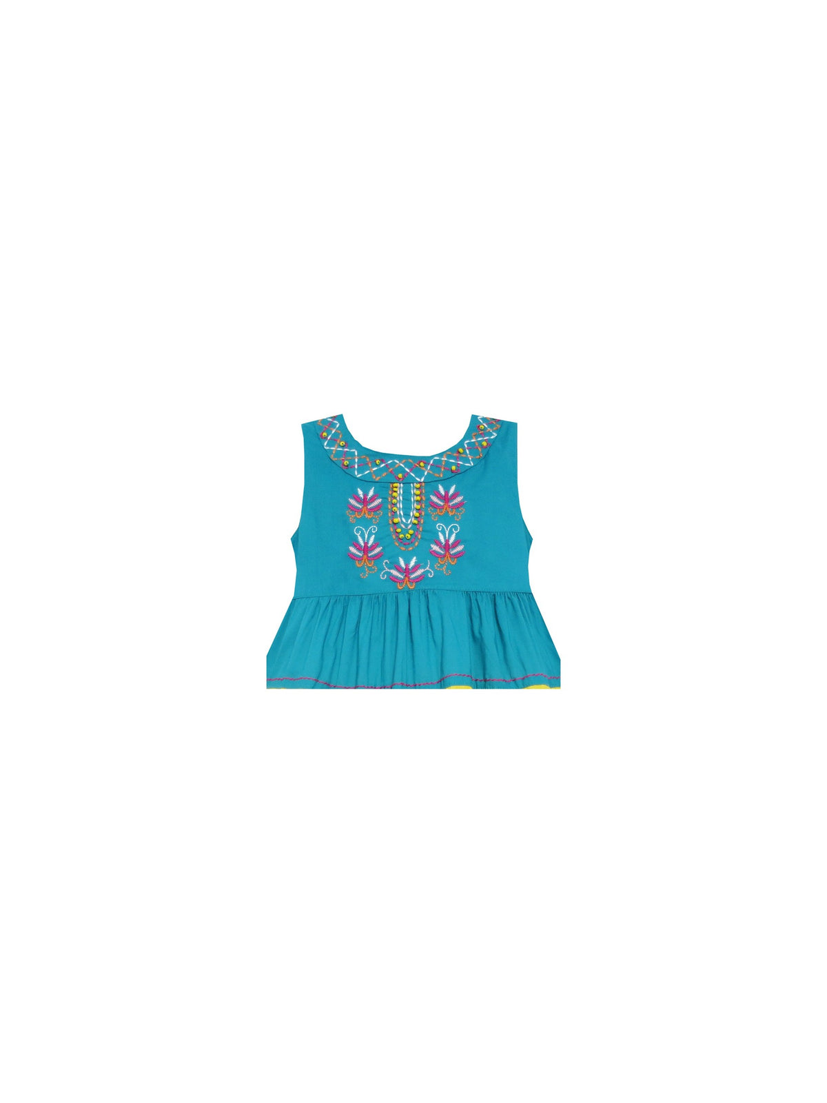 Girls Dress Color Block Striped Embroidered Flower Blue Blue