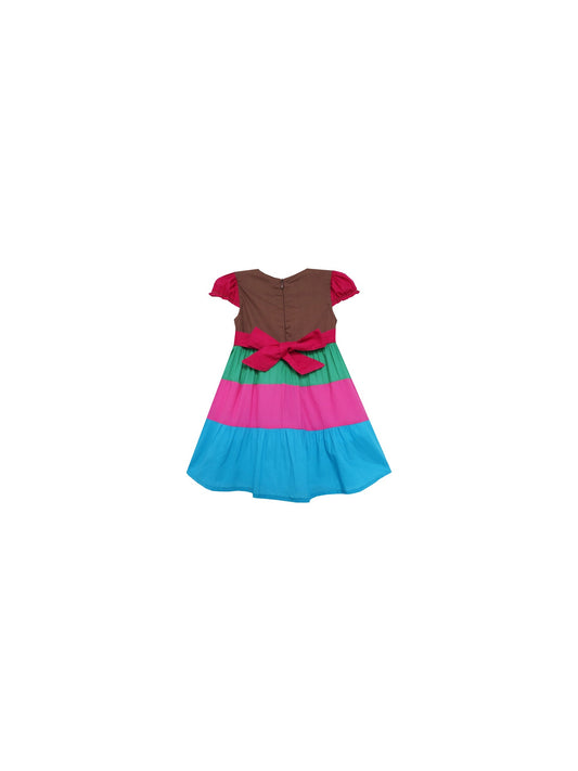 Girls Dress Color Block Smocked Embroidered Flower Red Multi-Color