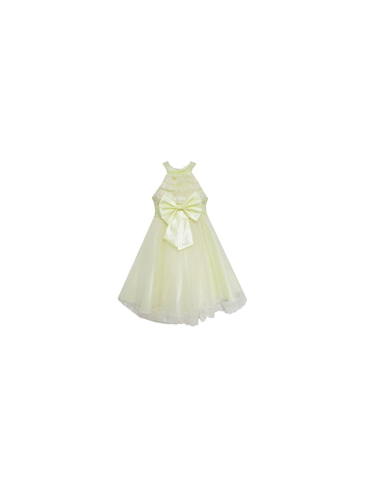 Girls Dress A-line Round Collar Sleeveless Pleated Bodice White Yellow