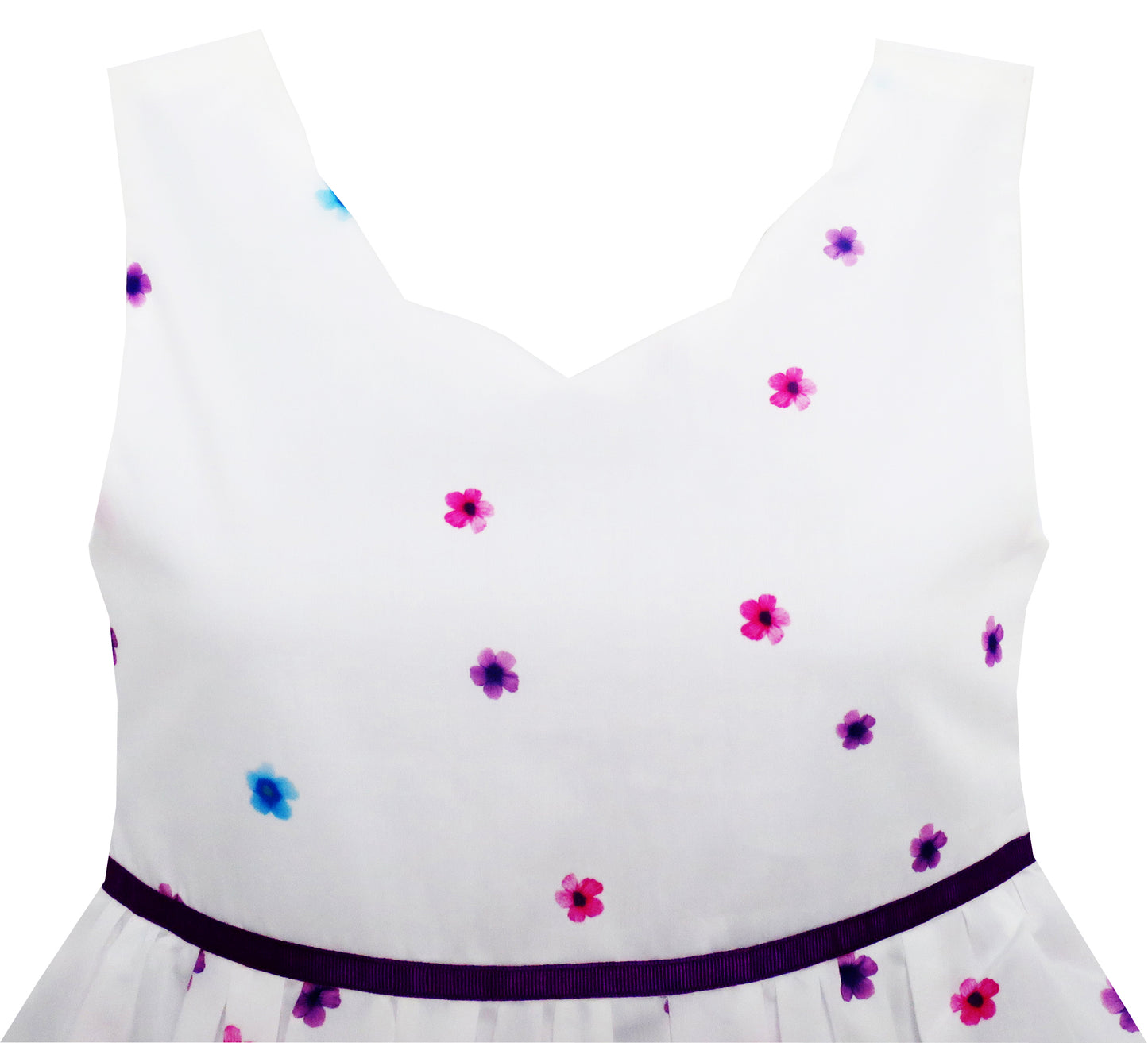 Sunny Fashion Girls White Floral Garden Dress with Pink Waist Detail