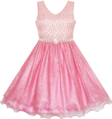 Flower Girls Dress Lace Pearl Dimensional Flowers Pageant Wedding Tulle Size 3-14 Years