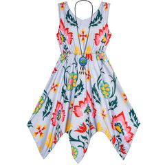 Girls Dress Flower Print Hanky Hem With Necklace Size 6-14 Years