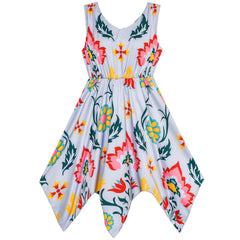 Girls Dress Flower Print Hanky Hem With Necklace Size 6-14 Years
