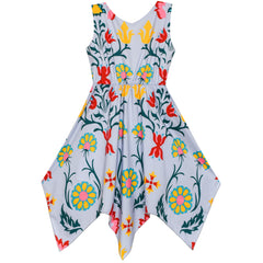 Girls Dress Flower Print Hanky Hem With Necklace Size 6-14 Years