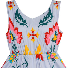 Girls Dress Flower Print Hanky Hem With Necklace Size 6-14 Years