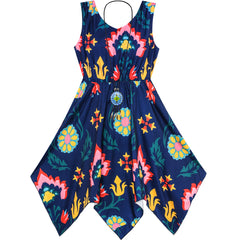 Girls Dress Flower Print Hanky Hem With Necklace Size 6-14 Years