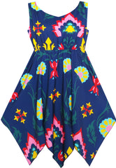 Girls Dress Flower Print Hanky Hem With Necklace Size 6-14 Years