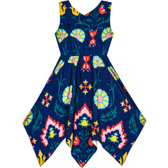 Girls Dress Flower Print Hanky Hem With Necklace Size 6-14 Years