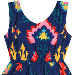 Girls Dress Flower Print Hanky Hem With Necklace Size 6-14 Years