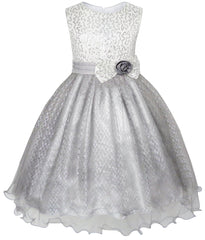 Girls Dress Flower Sparkling Sequins Belted Tulle Party Size 4-14 Years