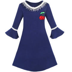 Girls Dress Lotus Leaf Sleeve Cherry Embroidery Everyday Size 3-12 Years