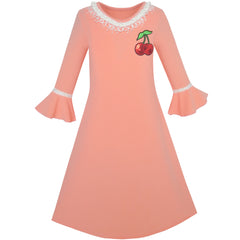 Girls Dress Lotus Leaf Sleeve Cherry Embroidery Everyday Size 3-12 Years