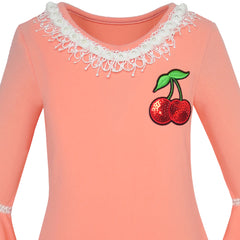 Girls Dress Lotus Leaf Sleeve Cherry Embroidery Everyday Size 3-12 Years