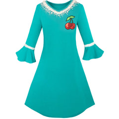 Girls Dress Lotus Leaf Sleeve Cherry Embroidery Everyday Size 3-12 Years