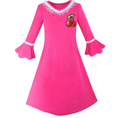 Girls Dress Lotus Leaf Sleeve Cherry Embroidery Everyday Size 3-12 Years