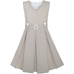 Girls Dress Khaki Button Back School Pleated Hem Size 6-14 Years