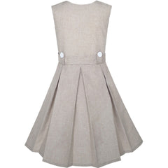 Girls Dress Khaki Button Back School Pleated Hem Size 6-14 Years