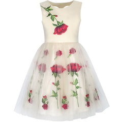 Girls Dress Rose Flower Embroidery Heart Shape Back Wedding Size 6-14 Years