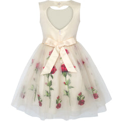 Girls Dress Rose Flower Embroidery Heart Shape Back Wedding Size 6-14 Years