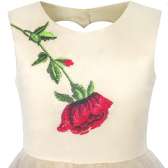 Girls Dress Rose Flower Embroidery Heart Shape Back Wedding Size 6-14 Years