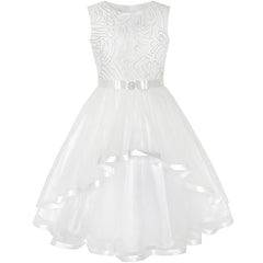 Flower Girls Dress Lace Belted Wedding Party Size 4-14 Years