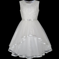 Flower Girls Dress Lace Belted Wedding Party Size 4-14 Years