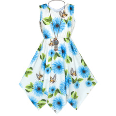 Girls Dress Flower Print Hanky Hem With Necklace Size 6-14 Years