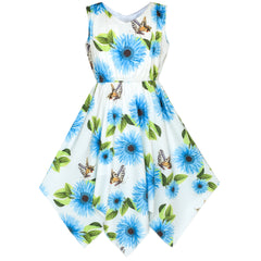 Girls Dress Flower Print Hanky Hem With Necklace Size 6-14 Years