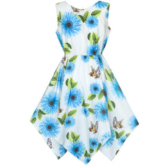 Girls Dress Flower Print Hanky Hem With Necklace Size 6-14 Years