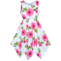 Girls Dress Flower Print Hanky Hem With Necklace Size 6-14 Years