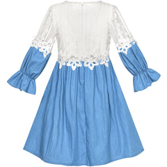 Girls Cold Shoulder Dress Denim Cowboy 3/4 Sleeve Size 2-12 Years