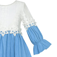 Girls Cold Shoulder Dress Denim Cowboy 3/4 Sleeve Size 2-12 Years