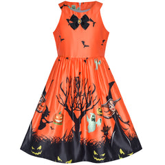 Girls Dress Halloween Witch Bat Pumpkin Costume Halter Dress Size 7-14 Years