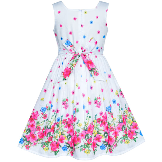 Sunny Fashion Girls White Floral Garden Dress with Pink Waist Detail