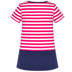 Girls Dress Flower Embroidered Stripe Short Sleeve Size 2-12 Years