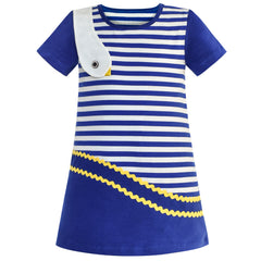 Girls Dress Flower Embroidered Stripe Short Sleeve Size 2-12 Years