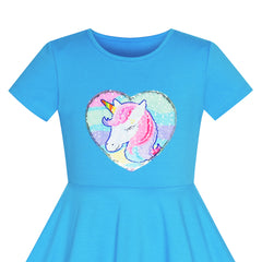 Girls Dress Cotton Unicorn Sequin Short Sleeve Casual Size 3-12 Years