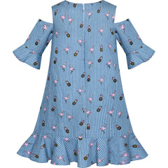 Girls Cold Shoulder Dress Denim Cowboy 3/4 Sleeve Size 2-12 Years