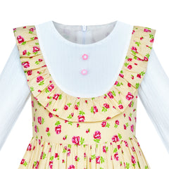 Girls Dress Flower Long Sleeve Cotton Causal Dress Size 3-12 Years