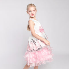 Flower Girls Dress Sequin Dimensional Flowers Bow Tie Pageant Size 7-14 Years