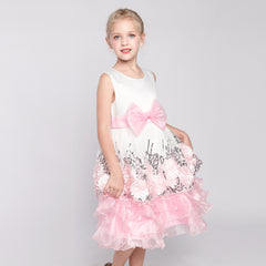 Flower Girls Dress Sequin Dimensional Flowers Bow Tie Pageant Size 7-14 Years