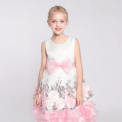 Flower Girls Dress Sequin Dimensional Flowers Bow Tie Pageant Size 7-14 Years