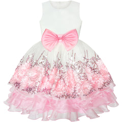 Flower Girls Dress Sequin Dimensional Flowers Bow Tie Pageant Size 7-14 Years